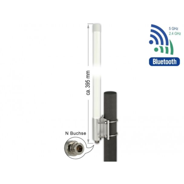 DeLOCK WLAN Dual Band 802.11 ac/ax/a/b/g/n Antenna N jack 6.2 - 8.0 dBi 39.5 cm omnidirectional fixed wall and pole mount outdoor white
