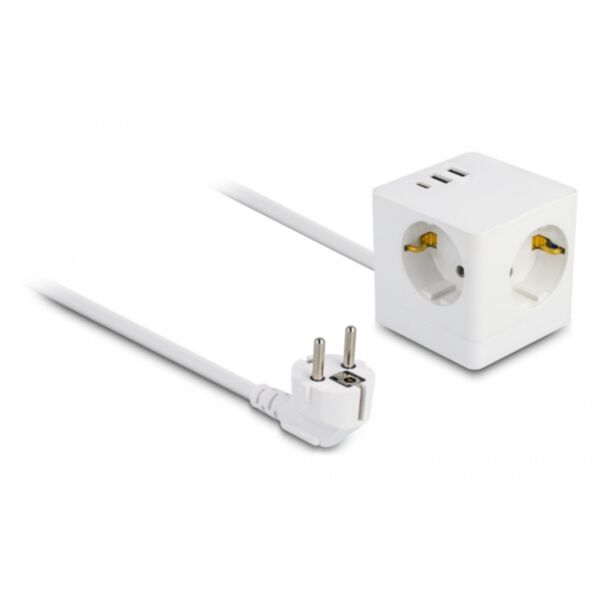 DeLOCK Cubo di prolunga della presa a 3 vie con chiusura a prova di bambino e caricatore USB bianco, cavo da 1,5 m, bianco