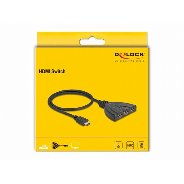 DeLOCK Interruttore HDMI 3 x HDMI in 1 x uscita HDMI 8K 60 Hz con cavo integrato da 60 cm