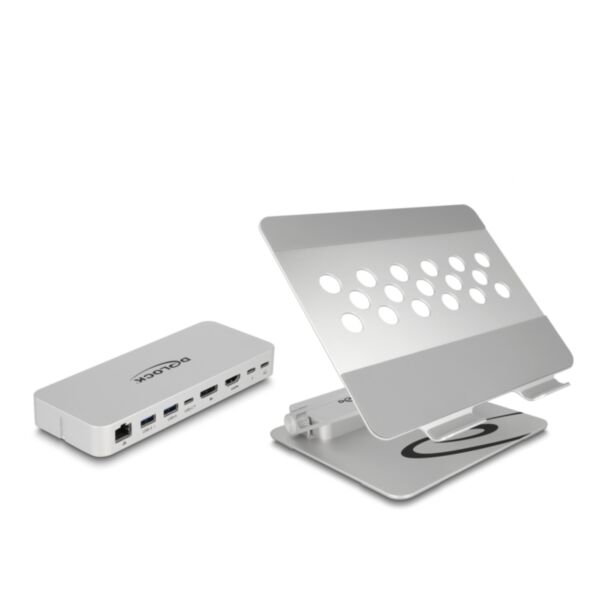 DeLOCK Supporto per tablet e portatile con docking station integrata 4K - HDMI / DisplayPort / LAN / Hub / HDR / PD