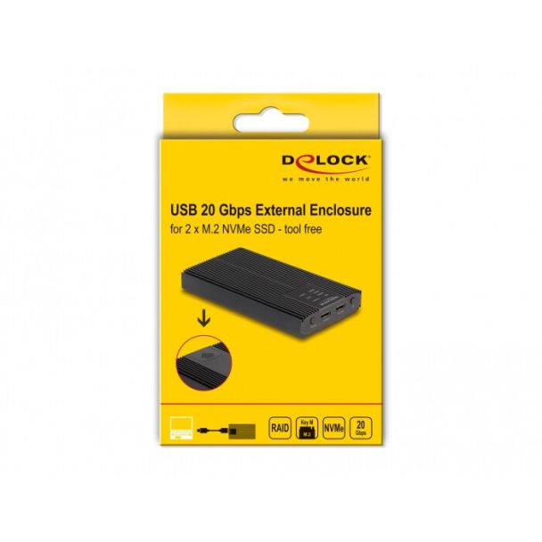 DeLOCK Alloggiamento esterno USB 20 Gbps per 2 x M.2 NVMe PCIe SSD con USB Type-C femmina e RAID - strumento gratuito