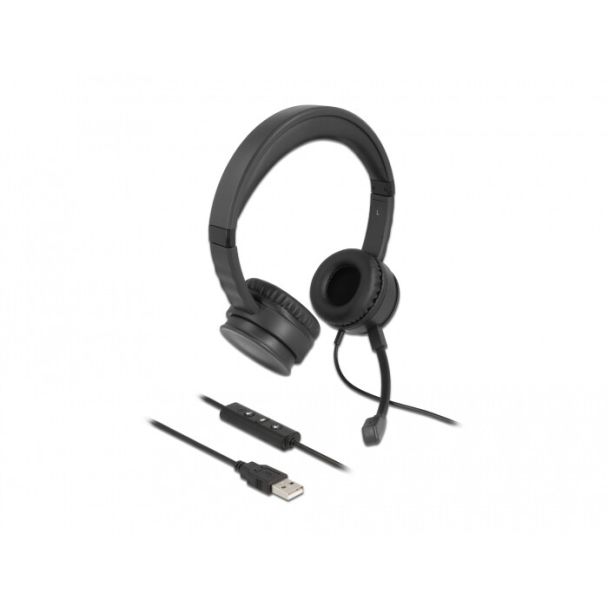 DeLOCK USB Stereo Headset with Cable Remote Control and Quick-Mute Button for PC and Laptop