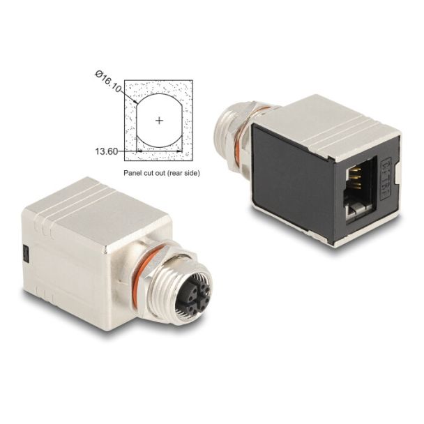 DeLOCK Adattatore M12 X-coded a 8 pin femmina per RJ45 femmina Cat.6A STP schermato diritto