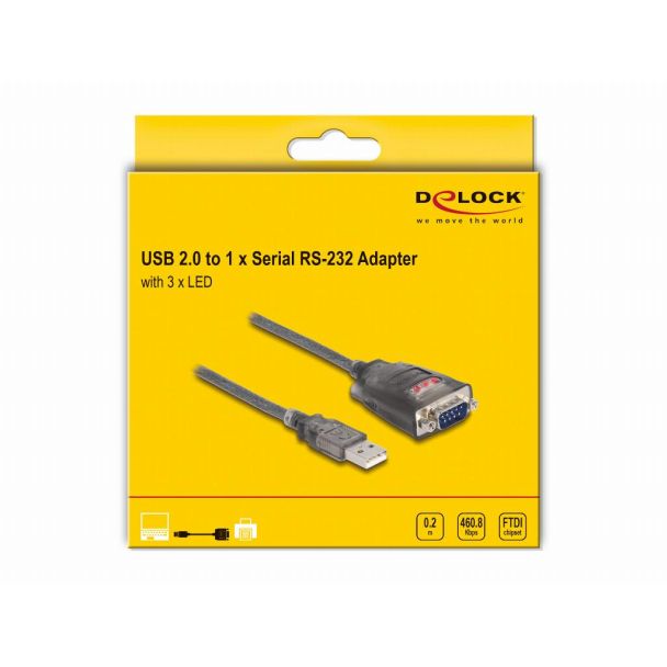 DeLOCK Adattatore USB 2.0 Tipo-A a 1 x Seriale RS-232 D-Sub 9 pin maschio con dadi con 3 x LED 0,2 m