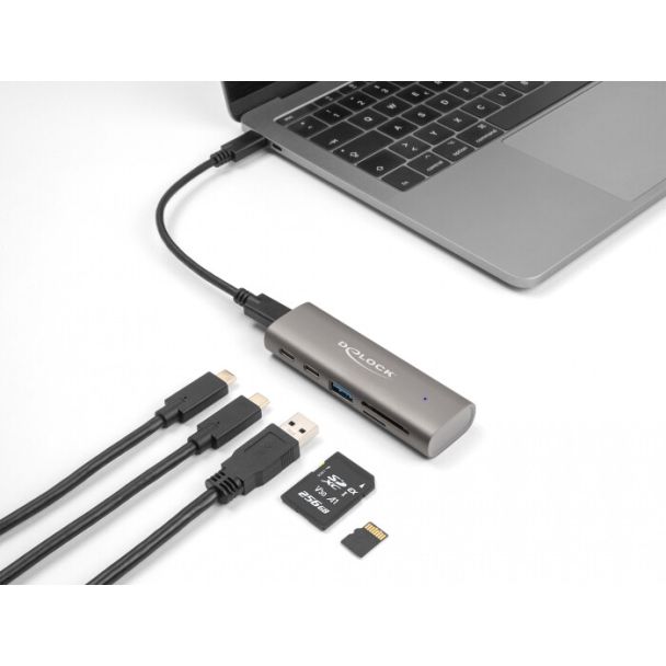 DeLOCK Hub USB 10 Gbps a 3 porte con lettore di schede SD e Micro SD con connettore USB Type-C