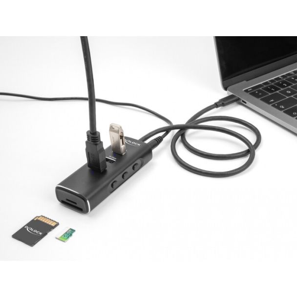 DeLOCK Hub USB 10 Gbps a 3 porte con lettore di schede SD e Micro SD con connettore USB Type-C Cavo da 60 cm e interruttore per ogni porta