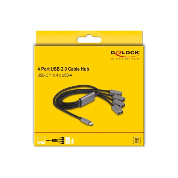 DeLOCK Hub a 4 porte con cavo USB 2.0 e connettore USB Type-C 60 cm
