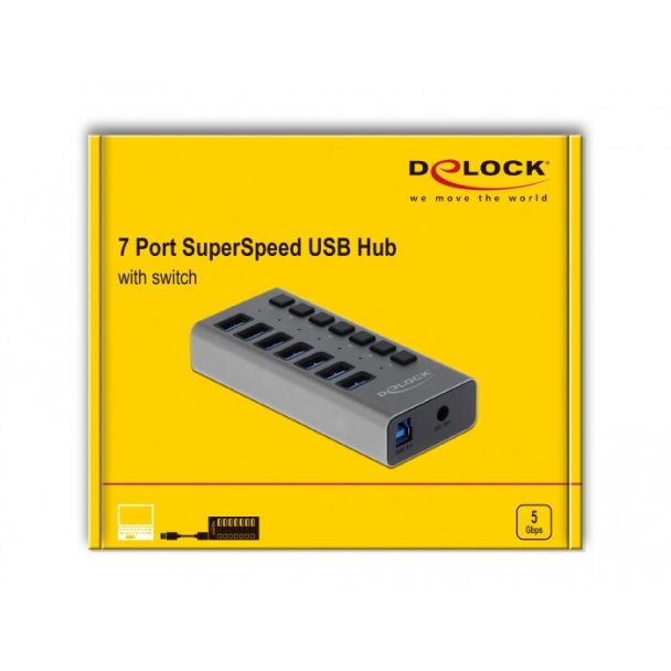 DeLOCK Hub USB 5 Gbps esterno con 7 porte + Switch