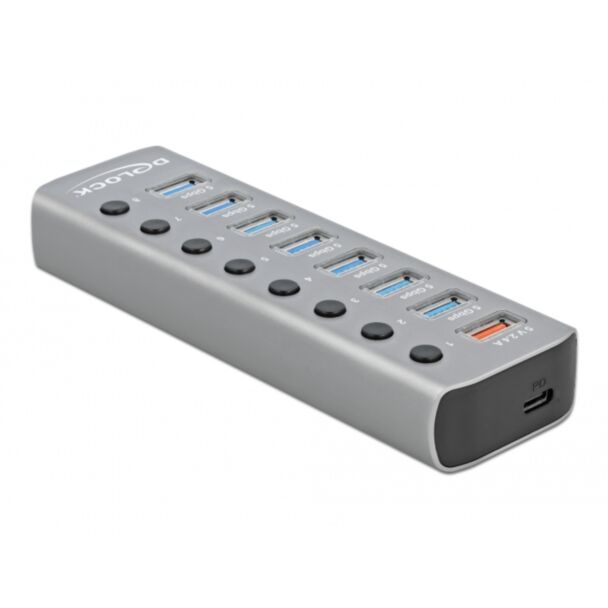 DeLOCK Hub USB 5 Gbps con 7 porte + 1 porta di ricarica rapida + 1 porta USB-C PD 3.0 con interruttore e illuminazione