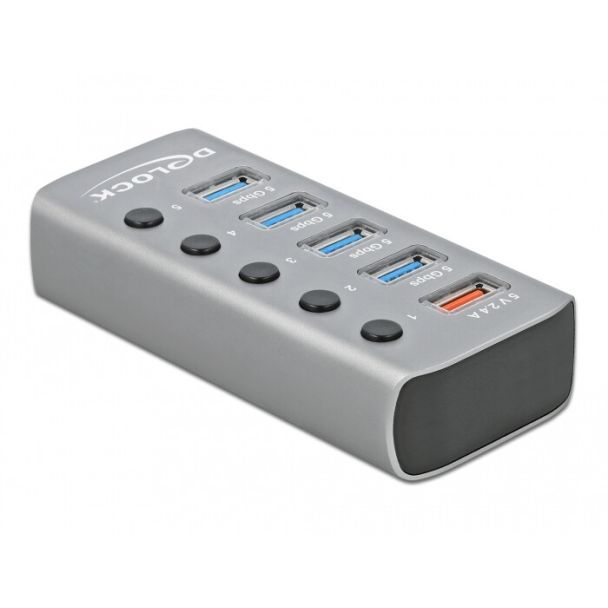 DeLOCK Hub USB 5 Gbps con 4 porte + 1 porta di ricarica rapida con interruttore e illuminazione