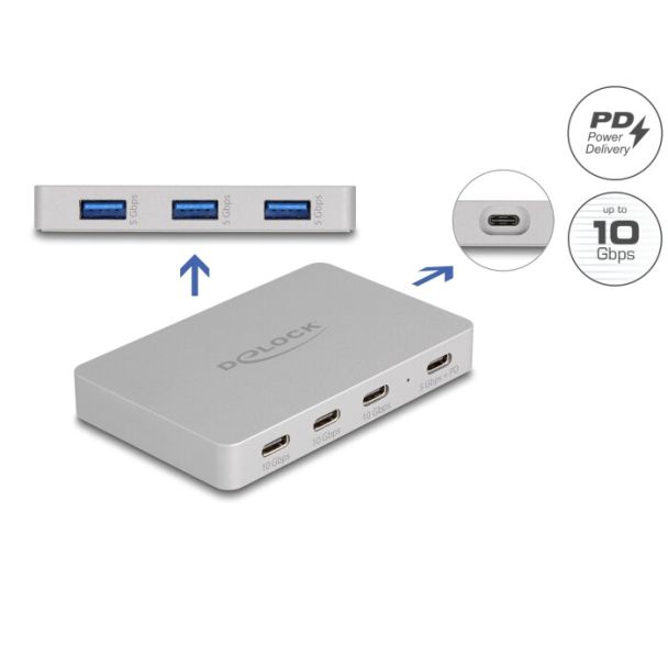 DeLOCK Hub USB a 7 porte con 4 x USB Type-C femmina e 3 x USB Tipo-A femmina con PD 82 W