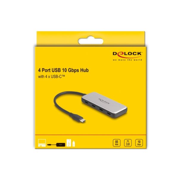 DeLOCK Hub USB 10 Gbps USB Type-C con 4 x USB Type-C femmina e PD 85 Watt