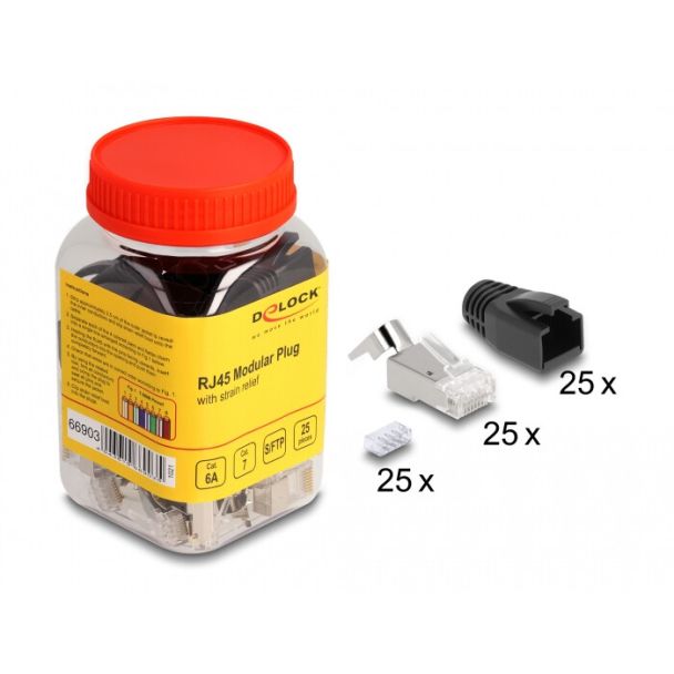 DeLOCK Spina modulare RJ45 con scarico della trazione Cat.6A, Cat.7 e protezioni antipiega set da 25 pezzi