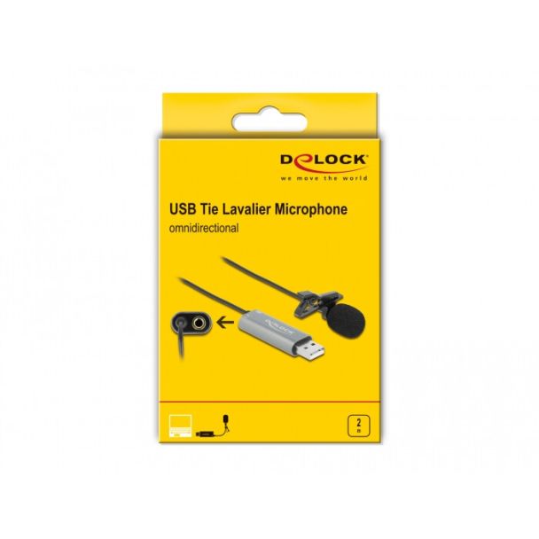 DeLOCK Microfono USB Tie Lavalier Lavalier Omnidirezionale 24 bit / 192 kHz con clip e porta per cuffie con jack stereo da 3,5 mm