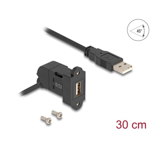 DeLOCK USB 2.0 Type-A panel mount female 45° angled to Type-A male with 30 cm cable black
