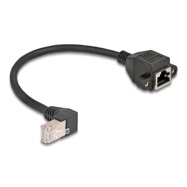 DeLOCK Cavo di prolunga di rete S/FTP RJ45 maschio angolato a 90° per RJ45 femmina integrato Cat.6A 0,25 m nero