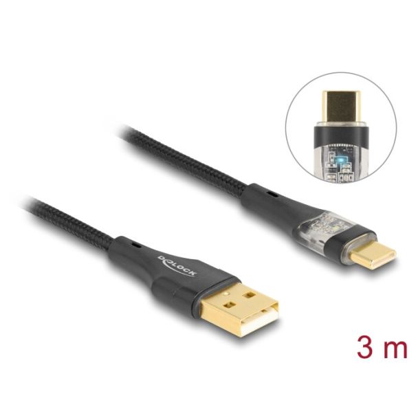 DeLOCK Cavo USB 2.0 Tipo-A maschio a USB Type-C maschio con ricarica rapida da 60 W trasparente 3 m