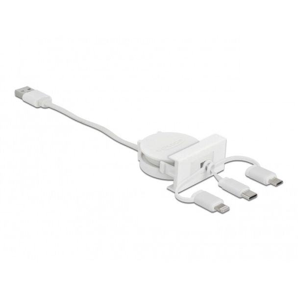 DeLOCK Easy 45 Module USB 2.0 3 in 1 Retractable Cable USB Type-A to USB-C, Micro USB and Lightning white
