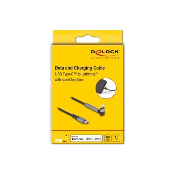 DeLOCK Cavo dati e ricarica da USB Type-C a Lightning per iPhone, iPad, iPod angolato con funzione stand nero 1,5 m MFi