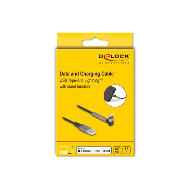 DeLOCK Cavo dati e ricarica da USB Tipo-A a Lightning per iPhone, iPad, iPod angolato con funzione stand nero 1,5 m MFi