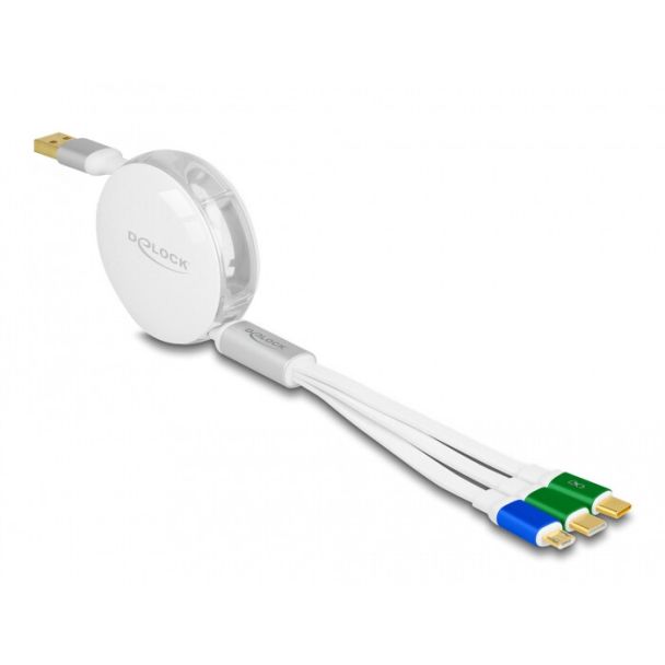 DeLOCK USB 3 in 1 Retractable Charging Cable Type-A to Micro USB / 2 x USB Type-C with Fast Charging white