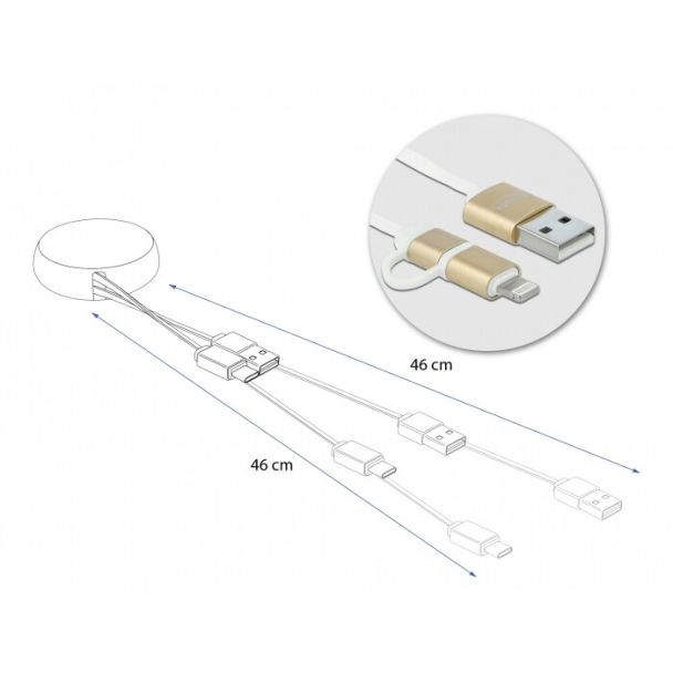 DeLOCK Cavo retrattile USB 2 in 1 di Tipo A per Micro-B e Lightning bianco / oro