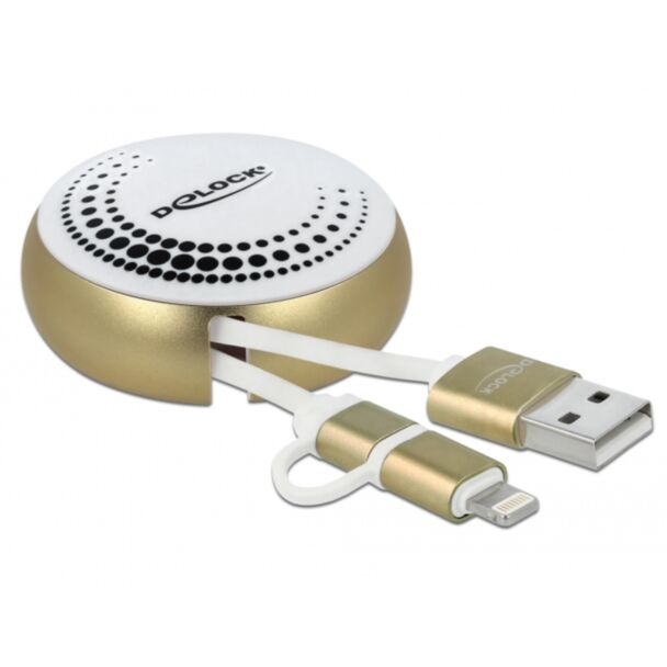 DeLOCK USB 2.0 2 in 1 Retractable Cable Type-A to Micro-B and Lightning™ white / gold