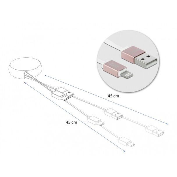 DeLOCK Cavo retrattile USB di Tipo-A a per Lightning bianco / rosa pallido