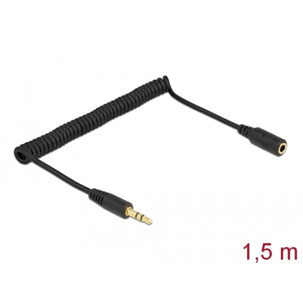 DeLOCK Cavo di prolunga a spirale a 3 pin da 3,5 mm Stereo Jack maschio per Stereo Jack femmina da 1,5 m nero