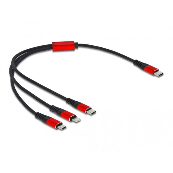 DeLOCK USB Charging Cable 3 in 1 USB Type-C to Lightning / Micro USB / USB Type-C 30 cm black / red