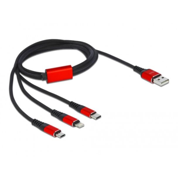 DeLOCK USB Charging Cable 3 in 1 Type-A to Lightning / 2 x USB Type-C 1 m black / red