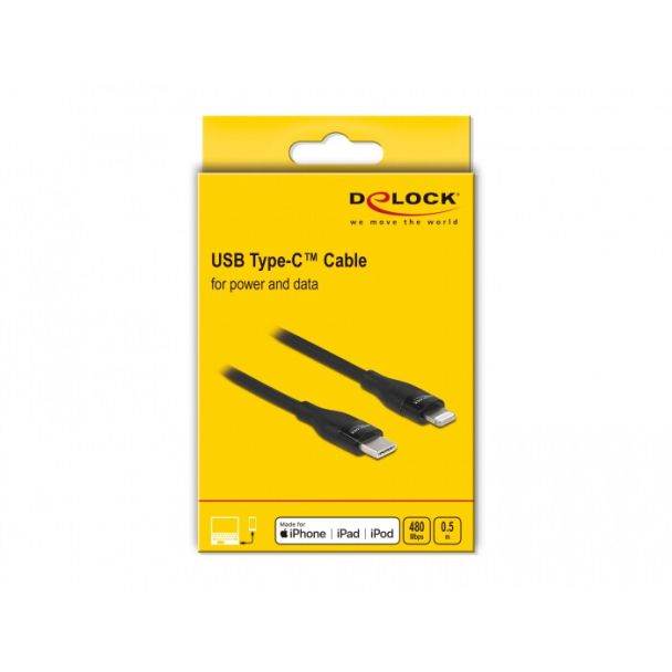 DeLOCK Cavo dati e cavo di ricarica USB Type-C per Lightning per iPhone, iPad e iPod da nero 0,5 m MFi