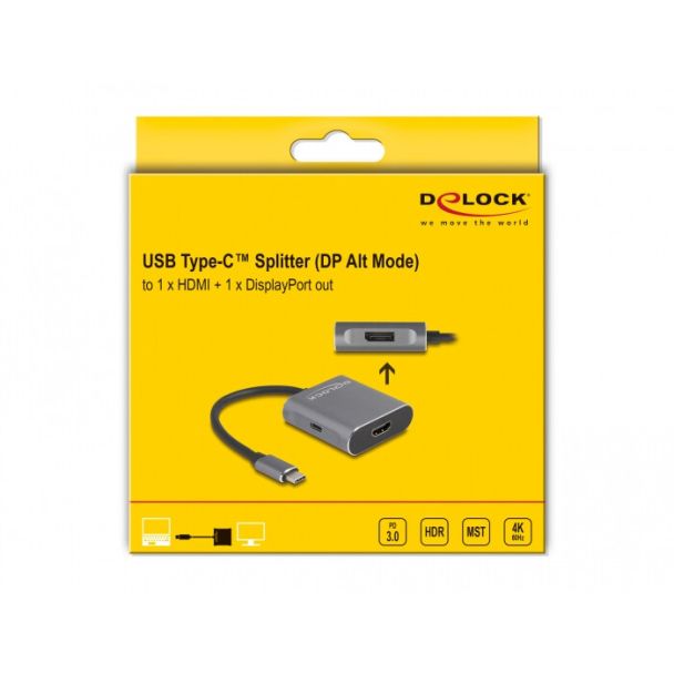 DeLOCK Splitter USB Type-C (modalità DP Alt) per 1 x HDMI + 1 x DisplayPort MST con USB Type-C PD