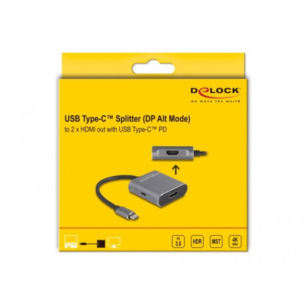 DeLOCK Splitter USB Type-C (modalità DP Alt) per 2 x HDMI MST con USB Type-C PD