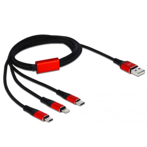 DeLOCK Cavo di ricarica USB 3 in 1 Tipo-A a Lightning / Micro USB / USB Type-C da 1 m nero / rosso