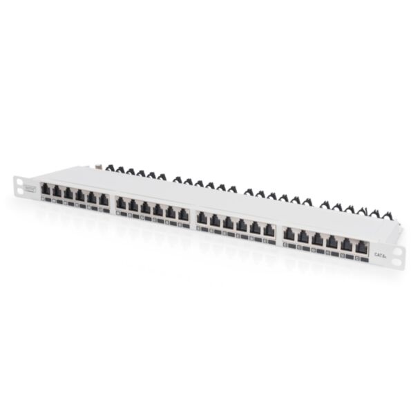 Digitus CAT 6A EA patch panel, shielded, 24-port RJ45 dust cover, 8P8C, 0.5U, grey RAL 7035