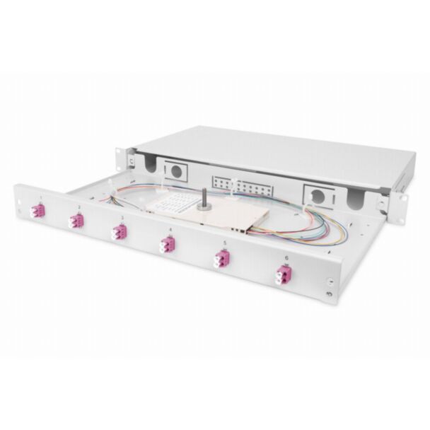 Digitus FO splice box, 1U, equipped, 6x LC DX, OM4 incl. splice cassette, colored pigtails, couplers