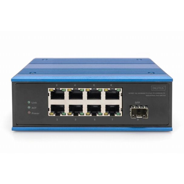 Digitus Switch di rete Fast Ethernet PoE a 8 porte, industriale, non gestito, 1 uplink SFP