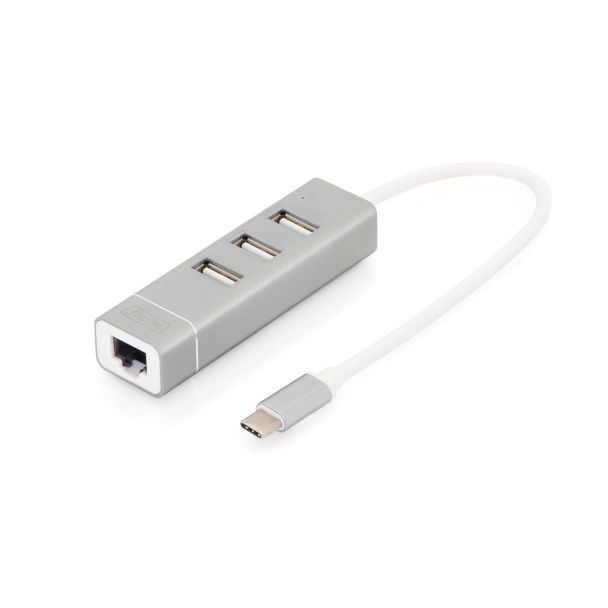 Digitus Hub USB 2.0 3 porte e adattatore LAN Fast Ethernet con connettore Type-CTM