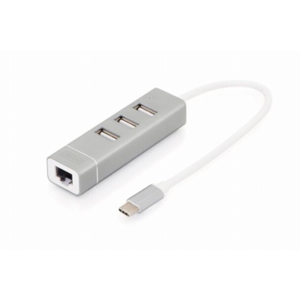 Digitus Hub USB 2.0 3 porte e adattatore LAN Fast Ethernet con connettore Type-CTM