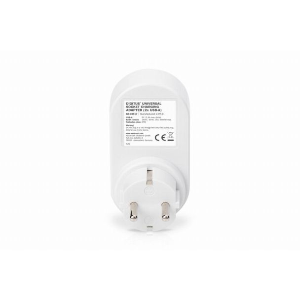 Digitus Caricabatterie a spina universale USB con 2 porte USB-A e presa integrata