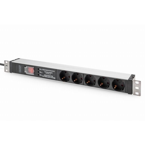 Digitus Socket strip with aluminum profile and switch, surge protection, integrated line filter, 5-way safety sockets, 2 m cable safety plug