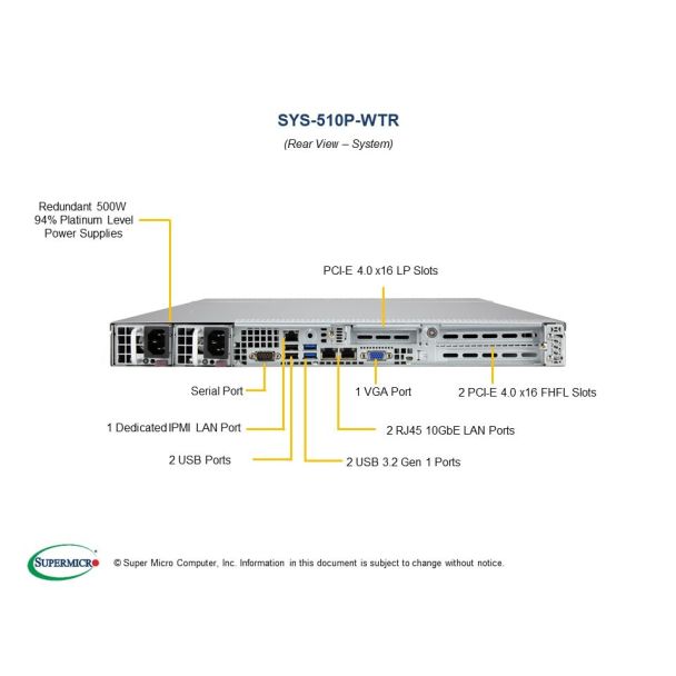 Supermicro SYS-510P-WTR server Rack (1U) Intel® Xeon® 3000 Sequence DDR4-SDRAM 500 W