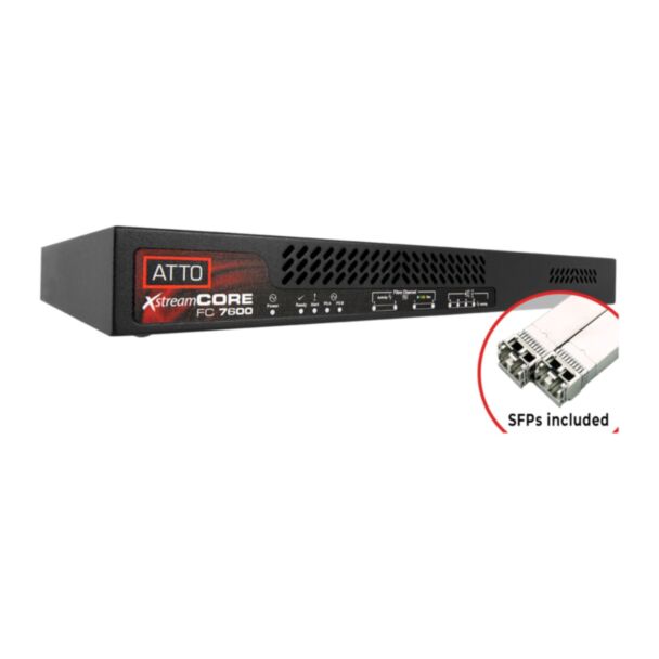 Atto Technology Dual Channel 32Gb Fibre Channel to 16-port 12Gb SAS/SATA 1U intelligent Bridge, SFP+, rack mount h/w and dual power supplies included, Supports SSD/HDD and Tape