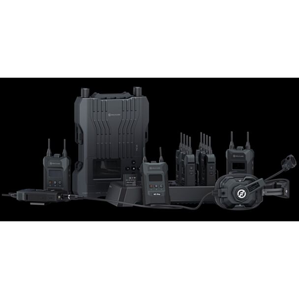 Hollyland Solidcom M1 Pro full-duplex wireless intercom system with 4 beltpacks and single-ear headsets