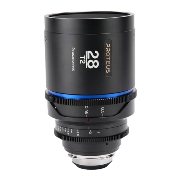 Laowa Proteus 2X 28mm T2 flare blu, scala in piedi, anamorfico PL/EF