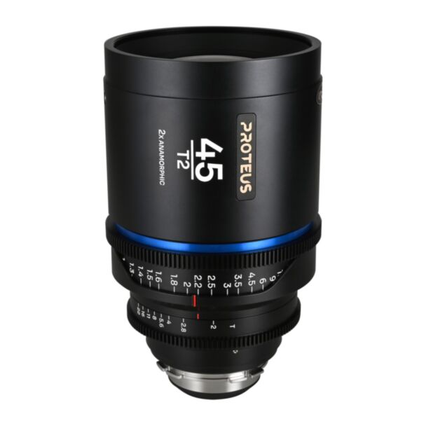 Laowa Proteus 2X 45mm T2 flare blu, scala in piedi, anamorfico PL/EF