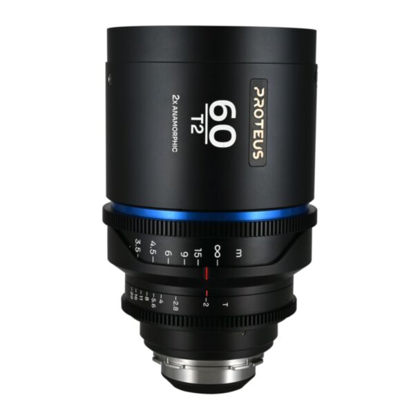 Laowa Proteus 2X 60mm T2 flare blu, scala in piedi, anamorfico PL/EF