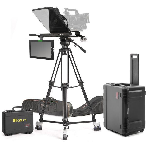 Ikan International PT4500S-TMW-TRIPOD-TK 15" 3G-SDI Teleprompter w/ Tally, Tripod, & Dolly Turnkey w/ Widescreen Talent Monitor & Travel Cases