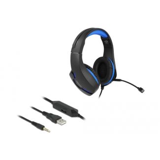 DeLOCK Auricolari da gioco over-ear con jack stereo da 3,5 mm e luce LED blu per PC, portatile e console di gioco